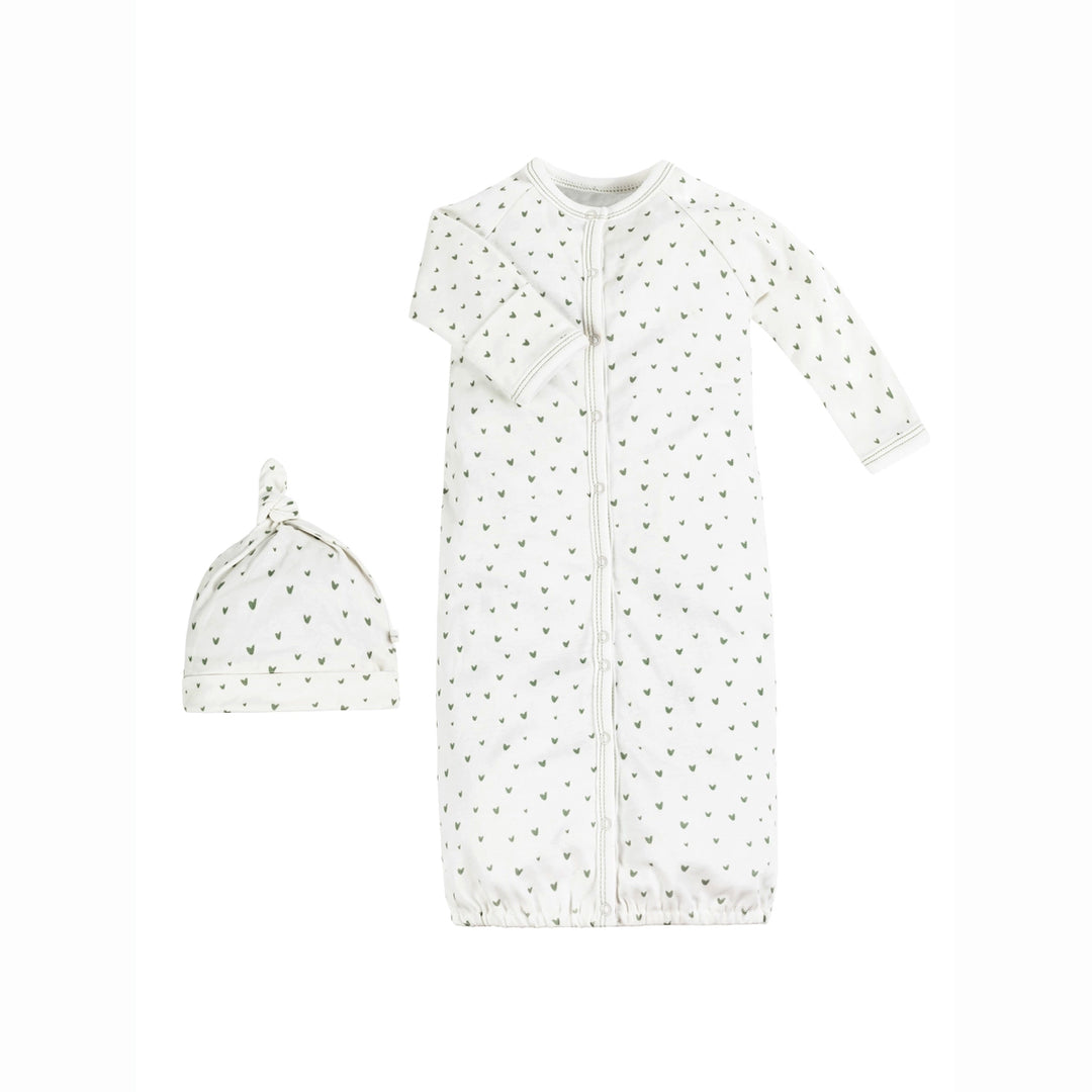 under the nile organic cotton convertible romper set with matching beanie snapped as gown